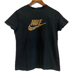 Nike Womens Medium Black T Shirt Leopard Print Logo Swoosh Graphic Tee